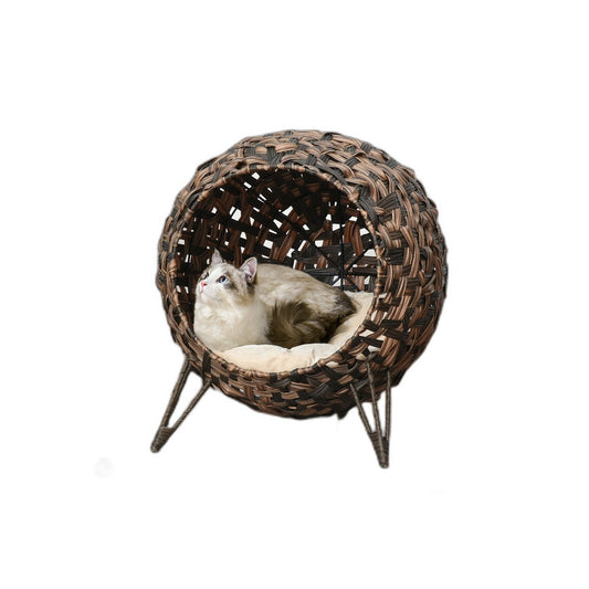 Cat resting inside elevated woven rattan cat bed