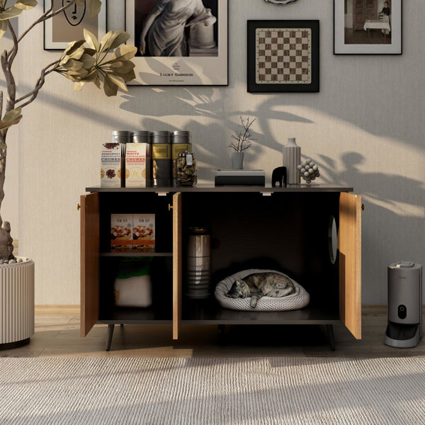 Hidden litter box bench with 3 doors in black and walnut