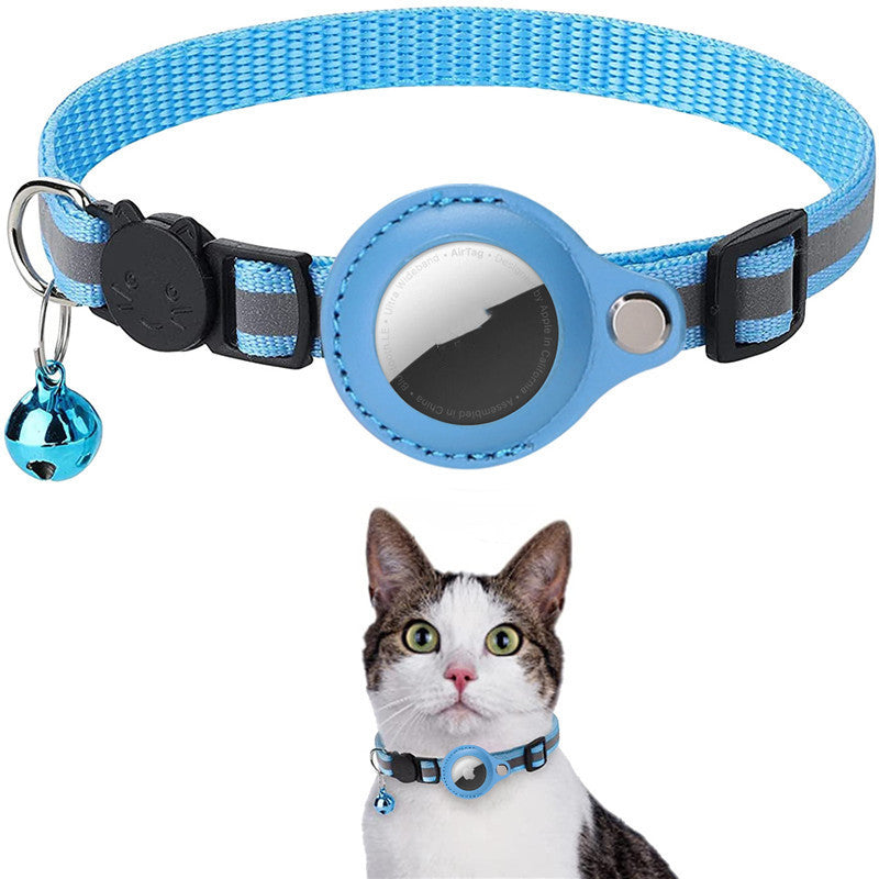 Reflective AirTag cat collar in blue worn by a cat