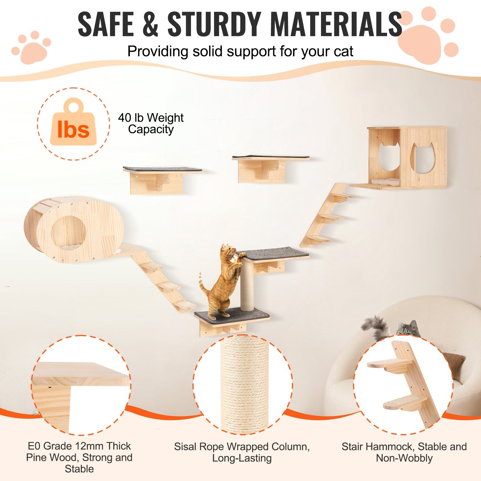 Safe and sturdy E0 pine, 40 lb capacity, sisal column