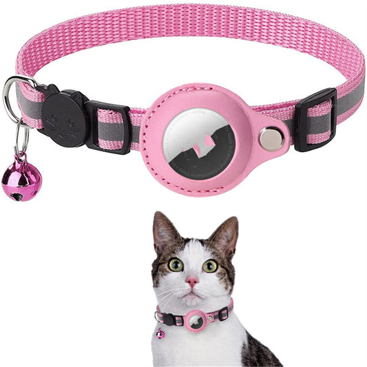 Reflective AirTag cat collar in pink worn by a cat