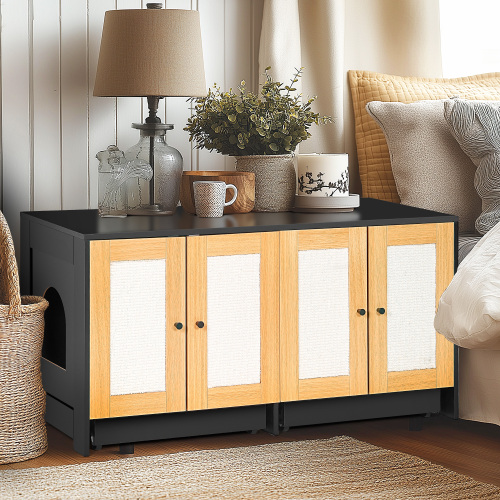 Hidden litter box cabinet with rattan doors for two cats