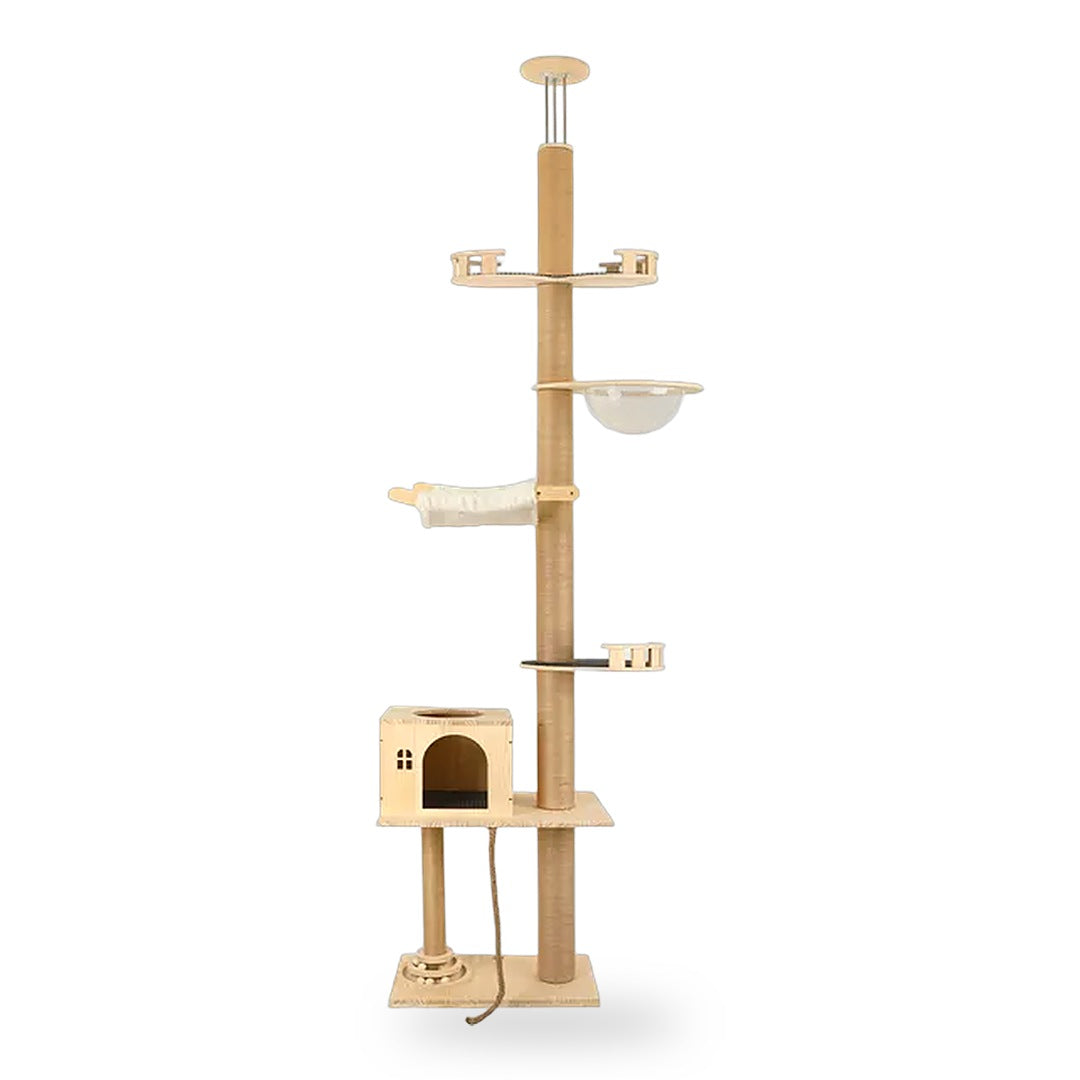 Floor-to-ceiling cat tree with six levels, cave house, capsule and hammock, white background