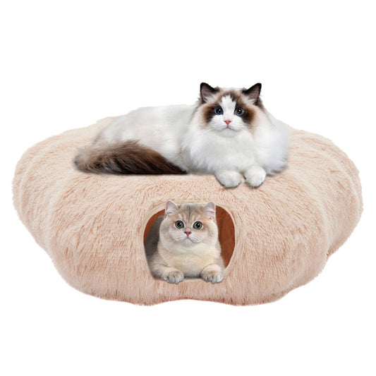 Donut tunnel bed in beige with two cats