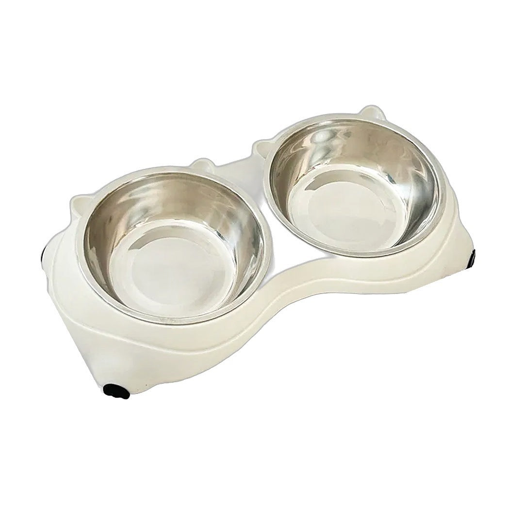 Double bowl cat feeding station with two stainless steel bowls, white background