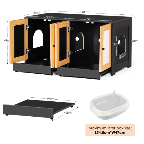 Litter box cabinet with rattan doors open