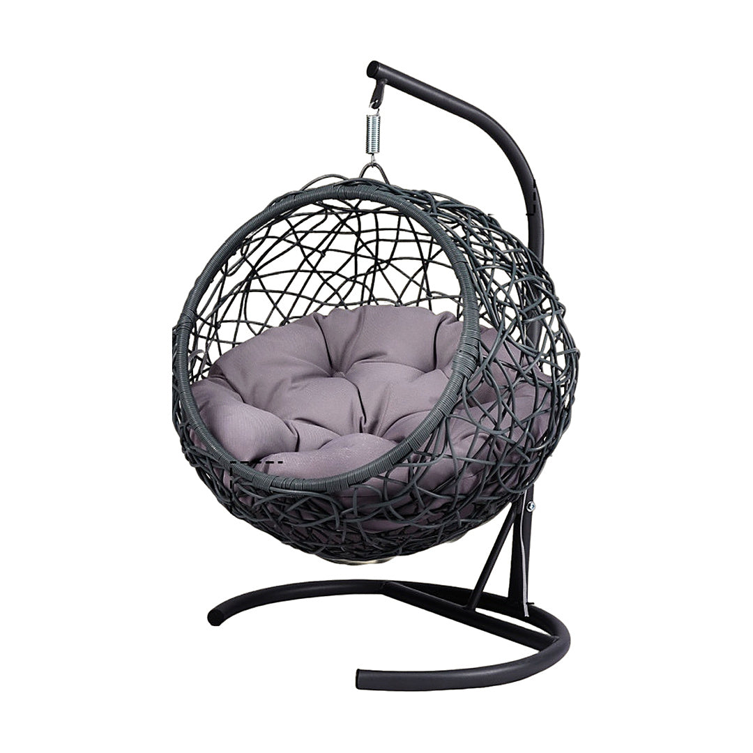 Hanging rattan egg chair cat bed with thick grey cushion and galvanized steel stand