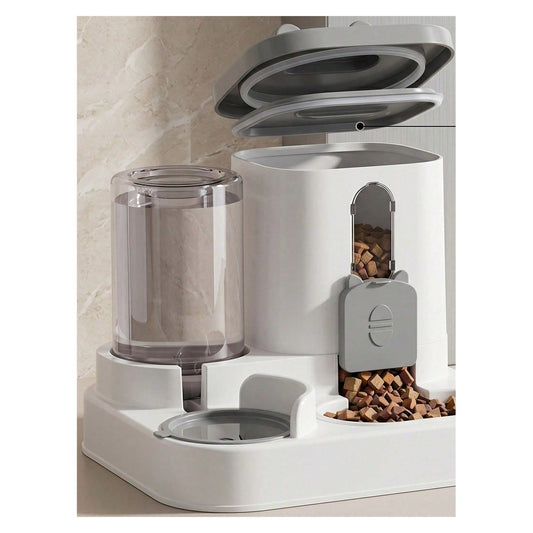 Gravity cat feeder and water dispenser — open lid view