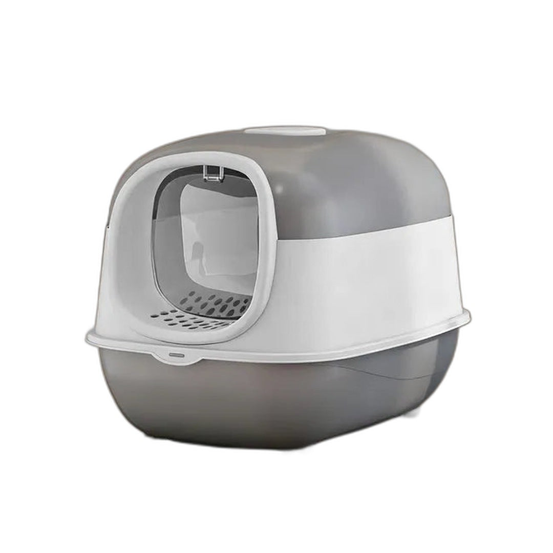 Hooded litter box — angled view