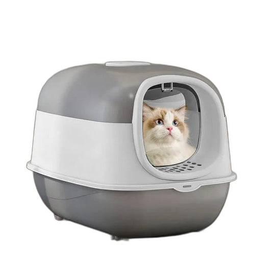 Cat looking out of the hooded litter box front door
