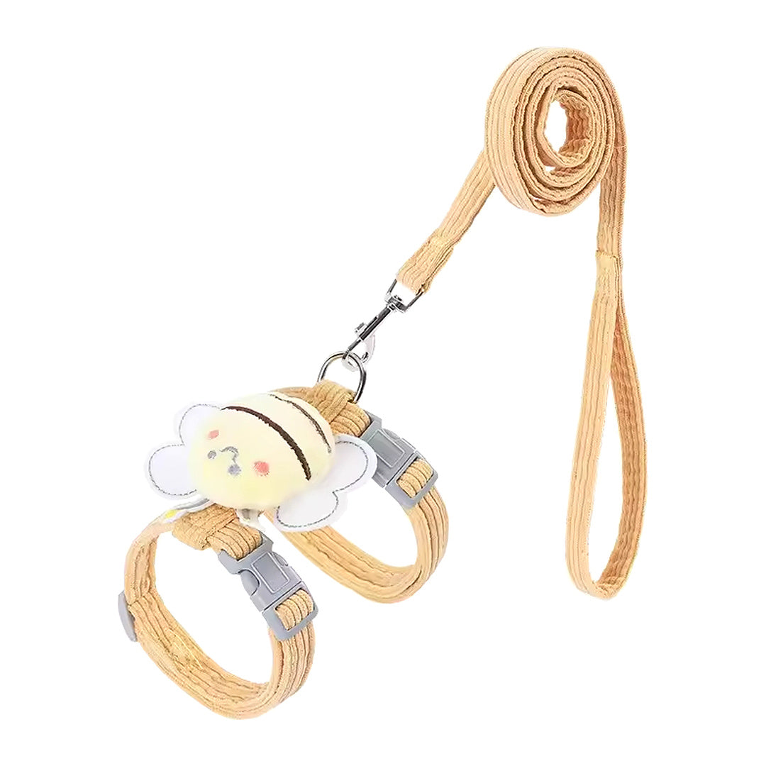 Yellow bee kitten harness and matching leash set on white background