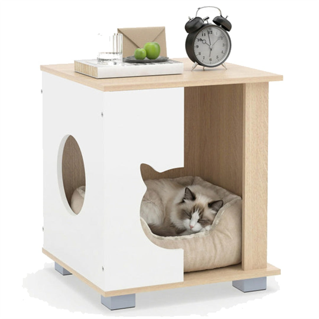 Cat house nightstand with cat resting inside