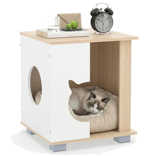 Cat house nightstand with cat resting inside