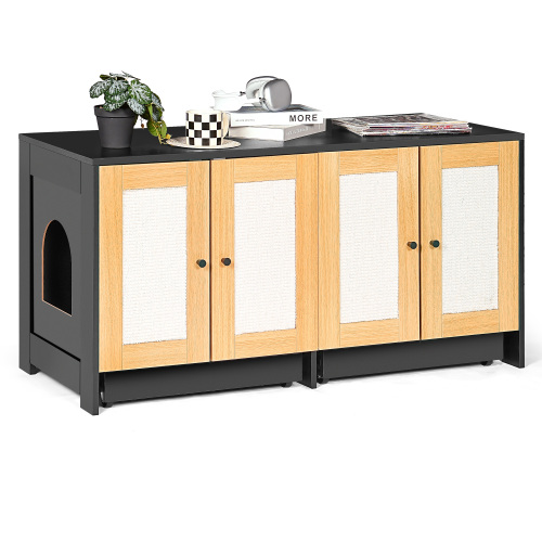 Rattan door litter box cabinet styled with plant and books on top