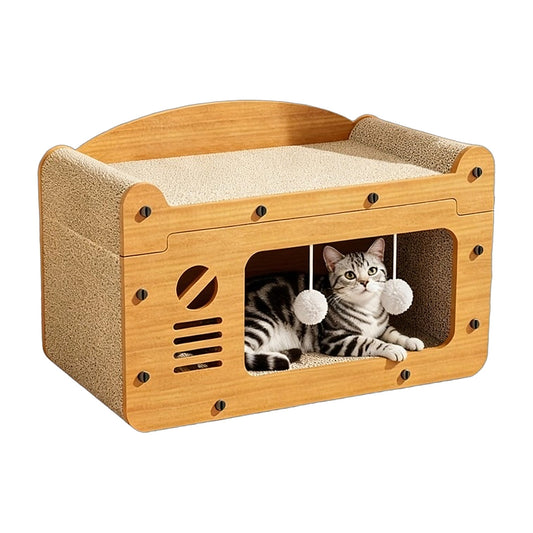 Silver tabby cat resting inside the wooden cat scratcher sofa den with two teaser balls