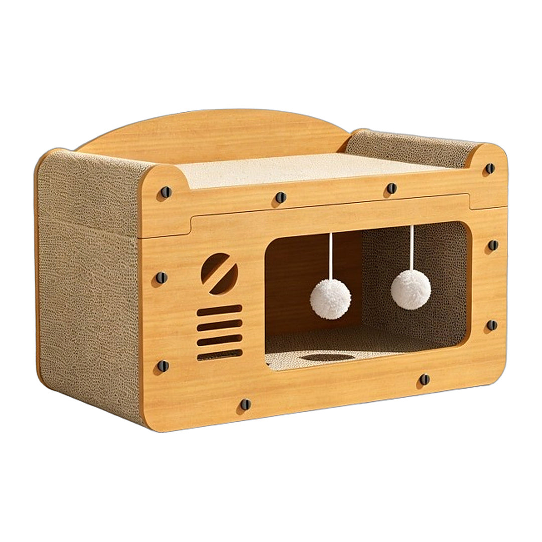 Wooden TV-shaped cat scratcher sofa with corrugated scratching pad and two teaser balls