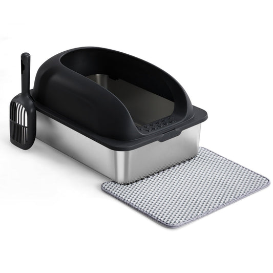 Stainless steel cat litter box set — Black, with scoop and mat