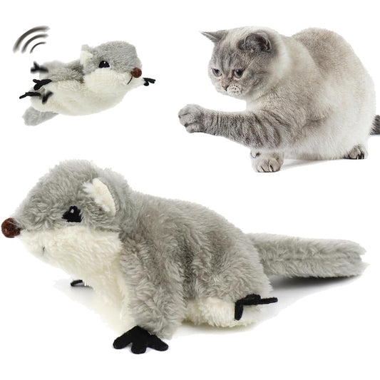 Flapping squirrel cat toy with cat pouncing