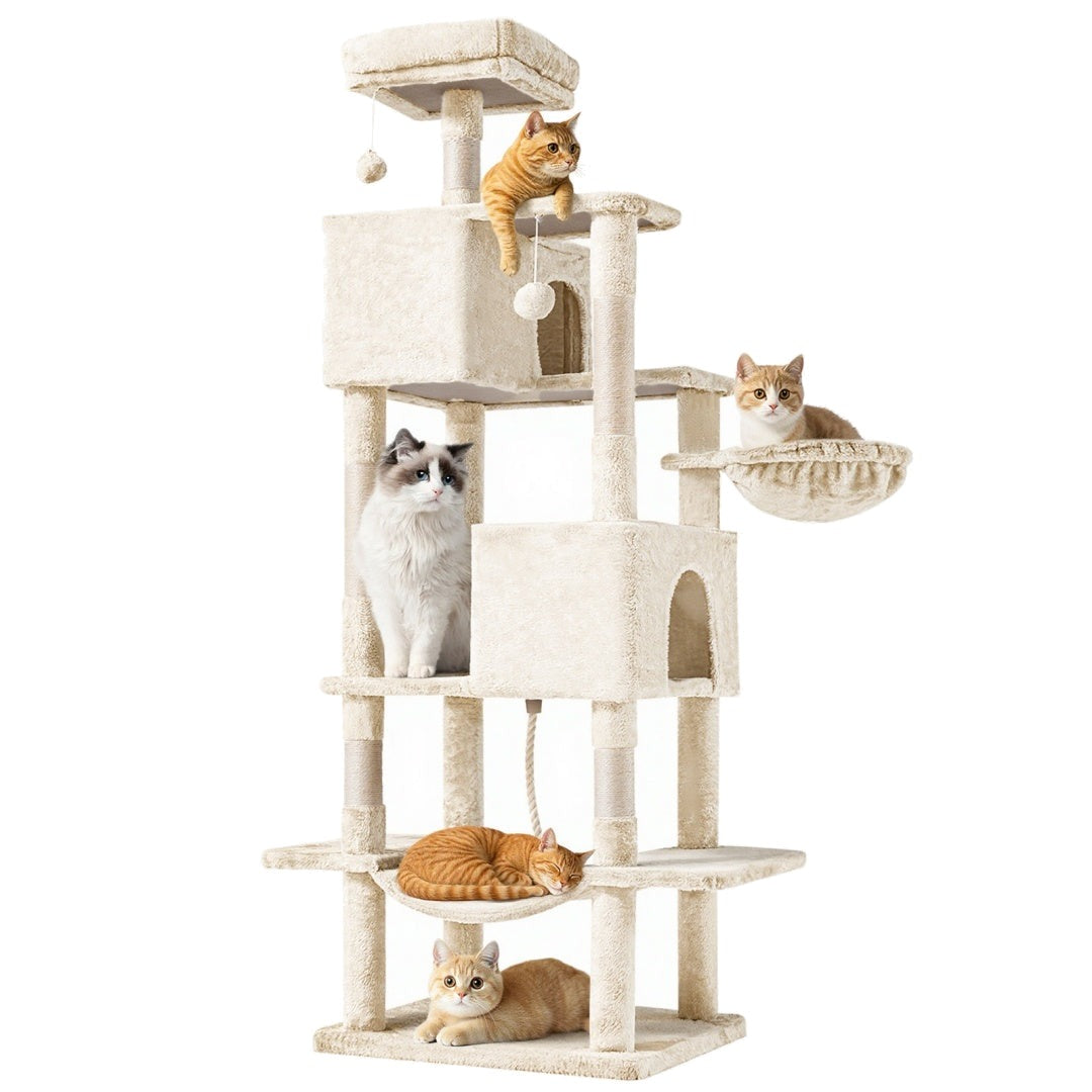 66-inch cat tower in beige with cats on every level