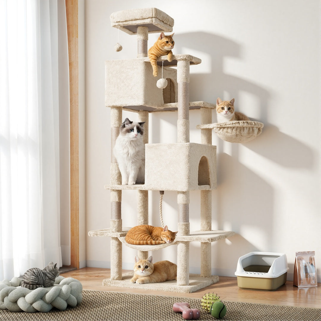 66-inch cat tower in a sunny living room with cats