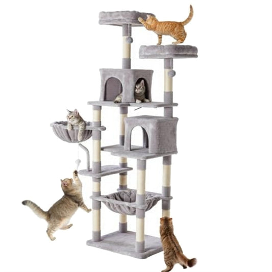 71-inch cat tower — light grey with playing cats