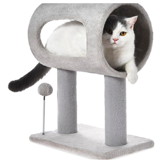 Cat tree with plush tunnel and cat inside — white background
