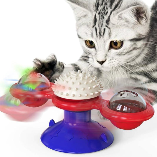 Interactive windmill cat toy — Blue, with LED ball and suction cup