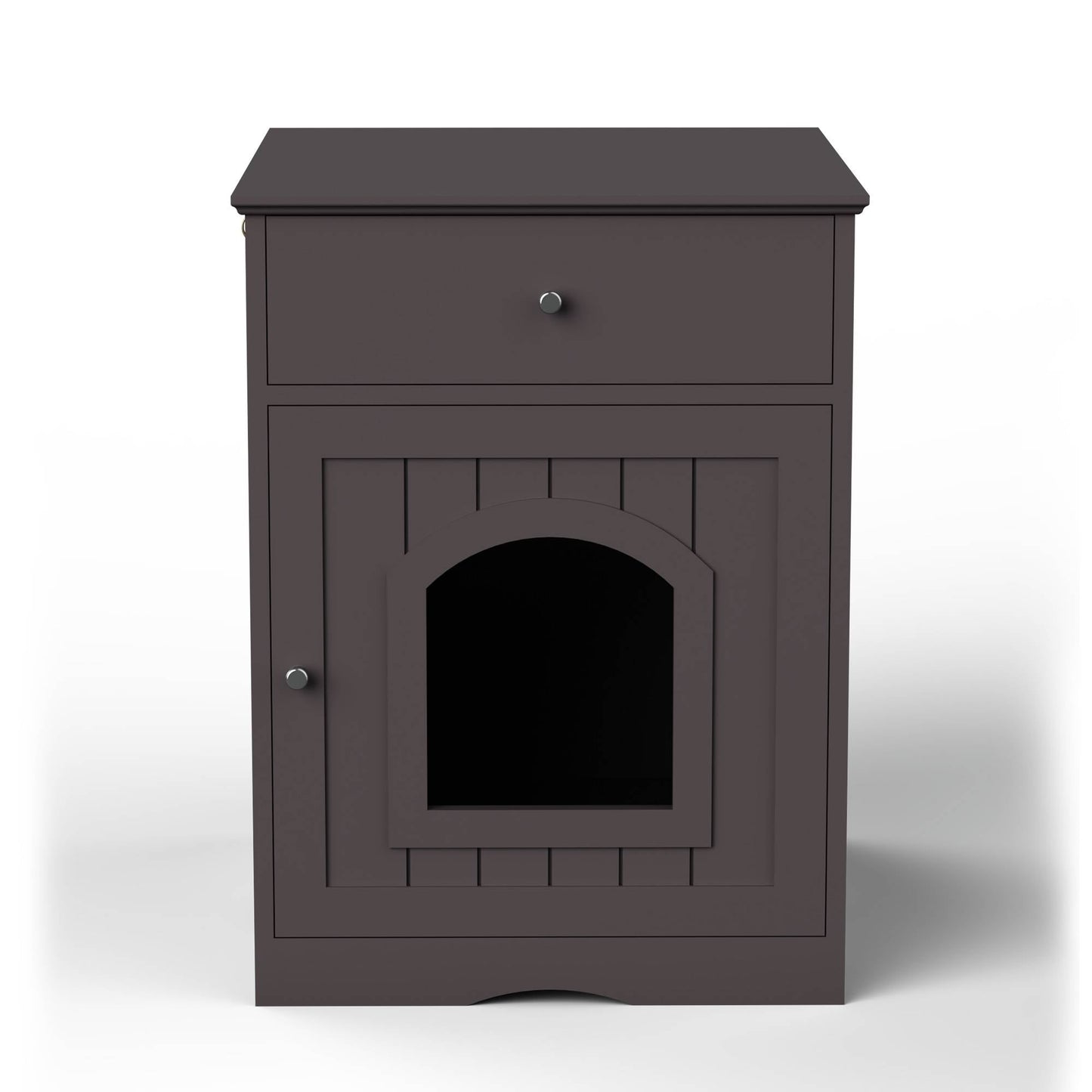 Wooden litter cabinet — front view with cat entry