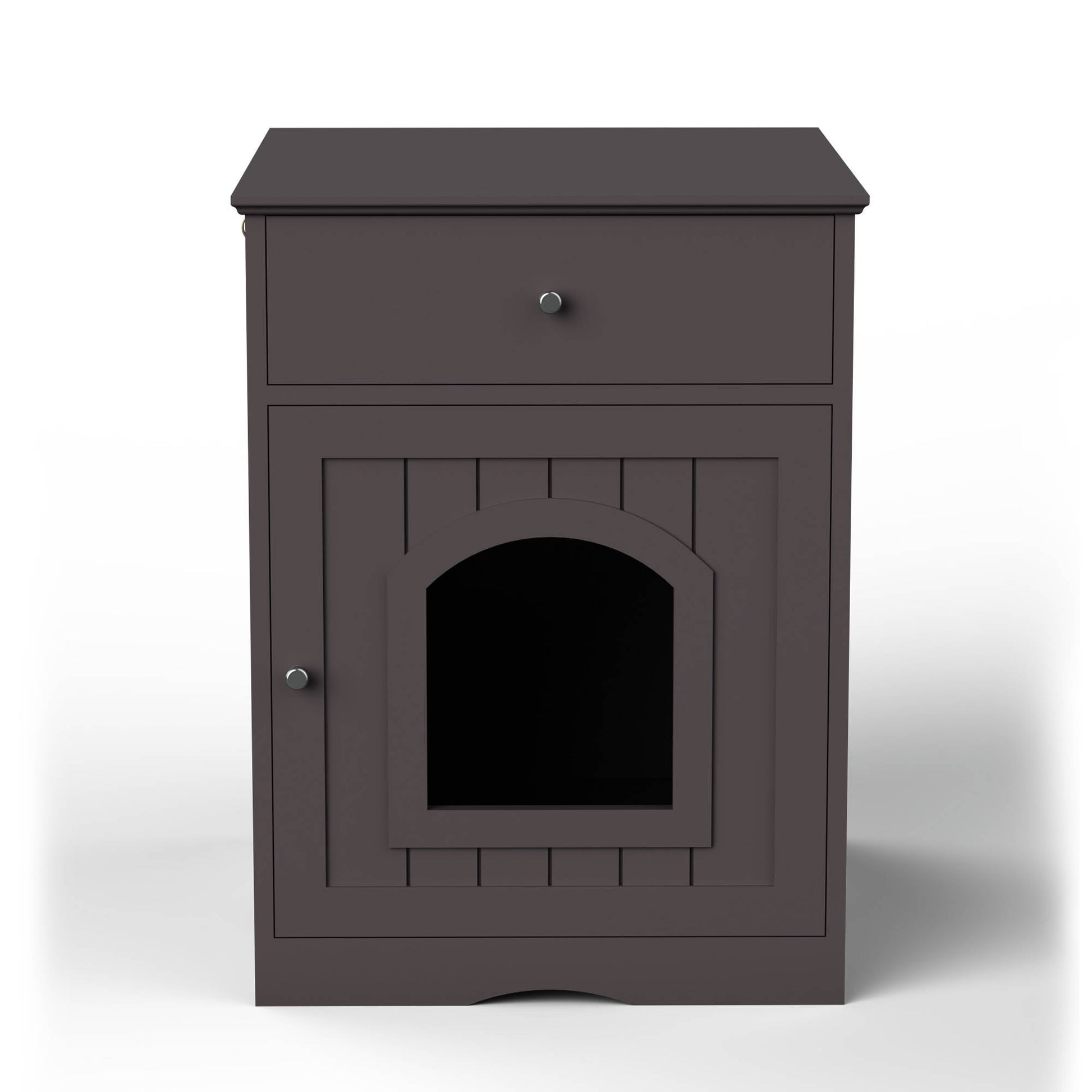 Wooden litter cabinet — front view with cat entry