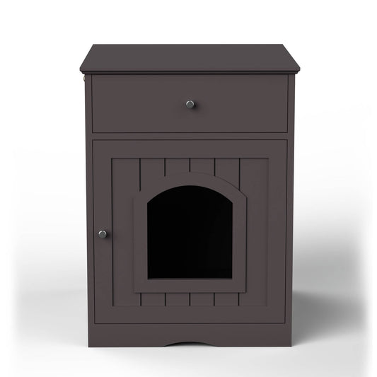 Wooden litter cabinet — front view with cat entry