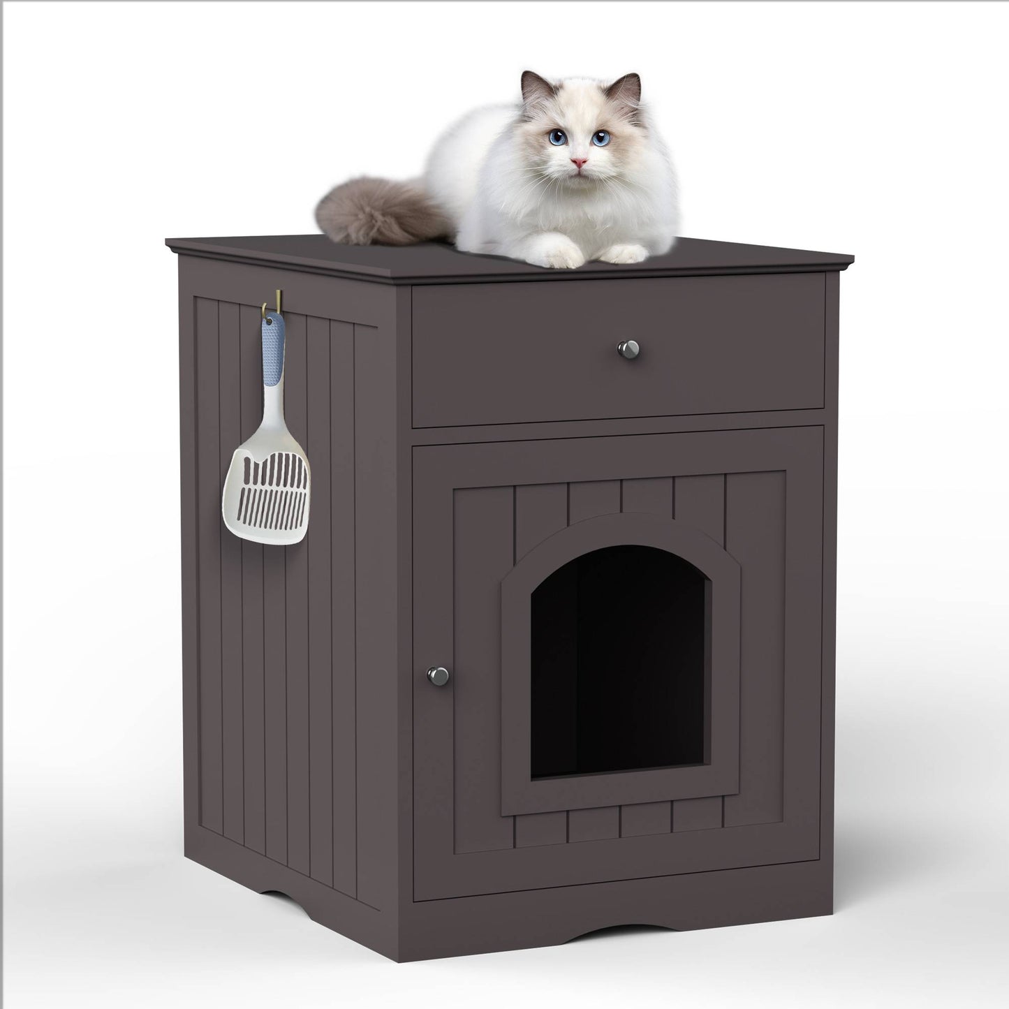 Wooden cat litter box enclosure with drawer and side table top