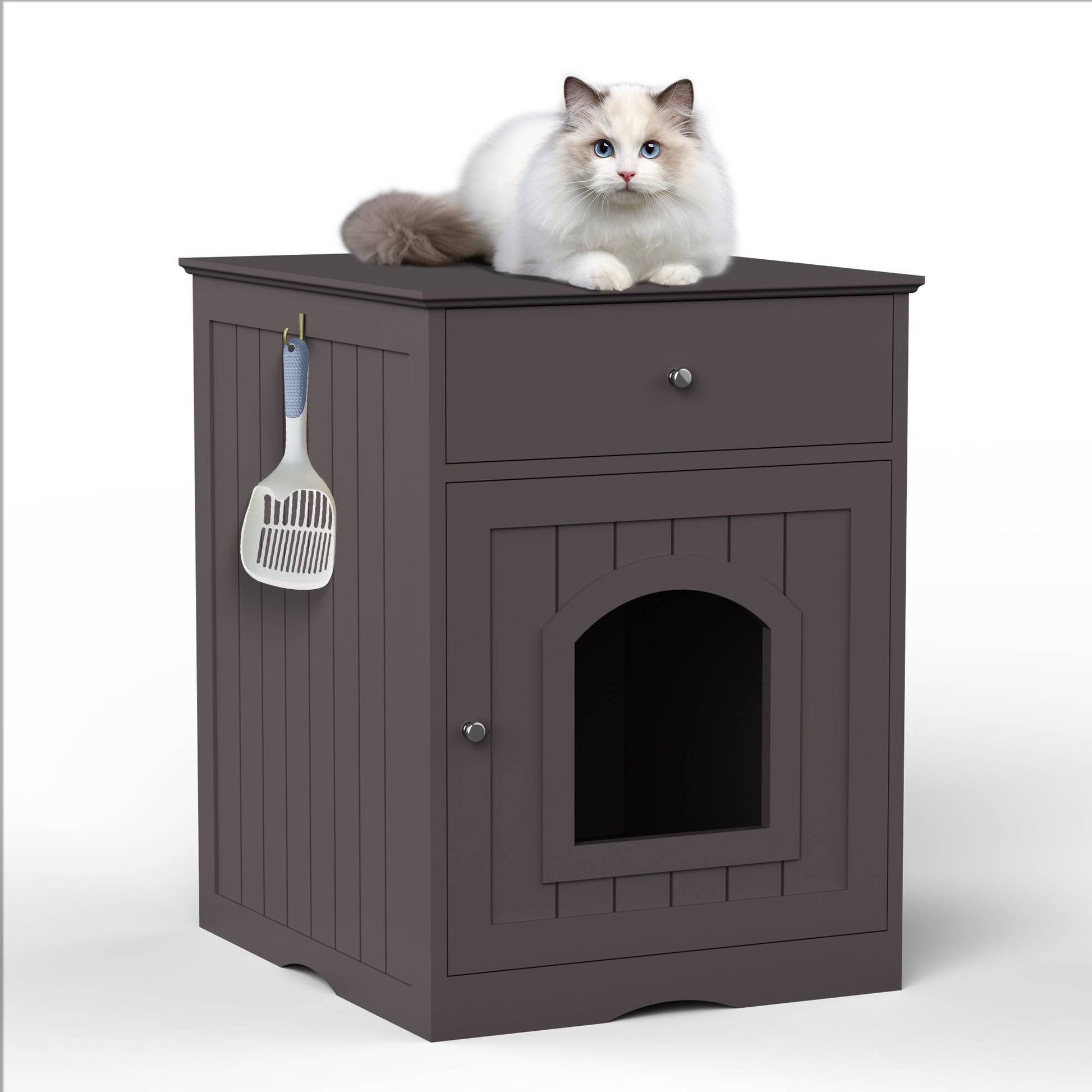 Wooden cat litter box enclosure with drawer and side table top