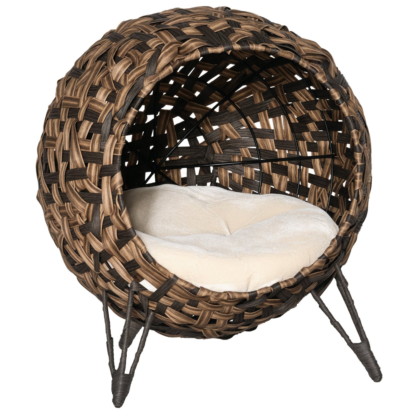 Woven rattan cat bed with cushion on white background